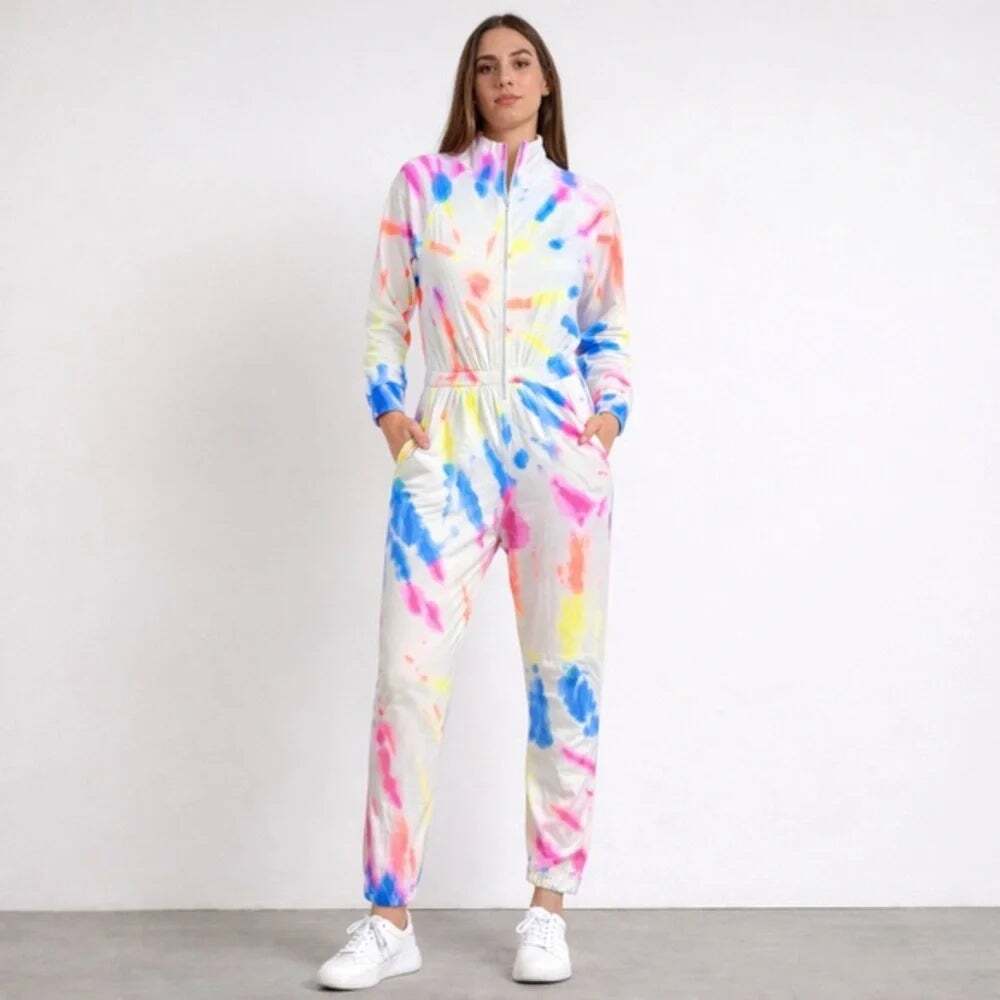 NEW Lezat Restore Soft Terry Jumpsuit Neon Tie Dye Zip Up Cotton Women's XL